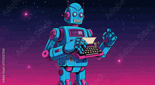 Retro Robot Typing on a Vintage Typewriter in Space.