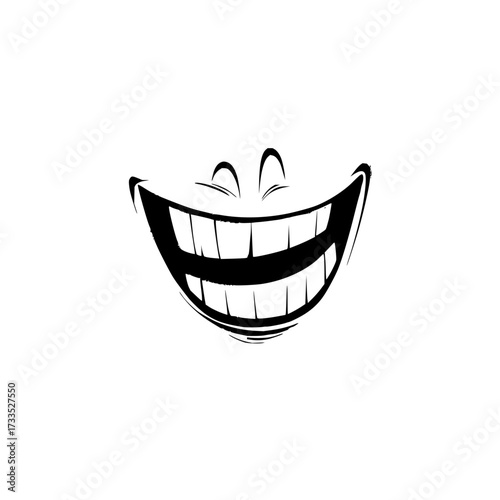 Cartoonish wide smile with teeth and closed eyes in black and white vector illustration style