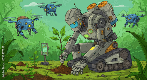 Robot Planting a Sapling with Drone Support in a Lush Environment.