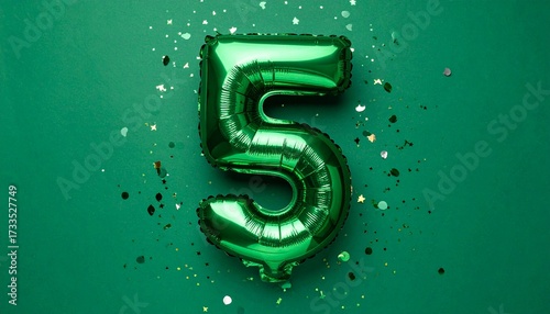 Green balloon number 5 with confetti on solid colored background. Photo for anniversary or birthday party