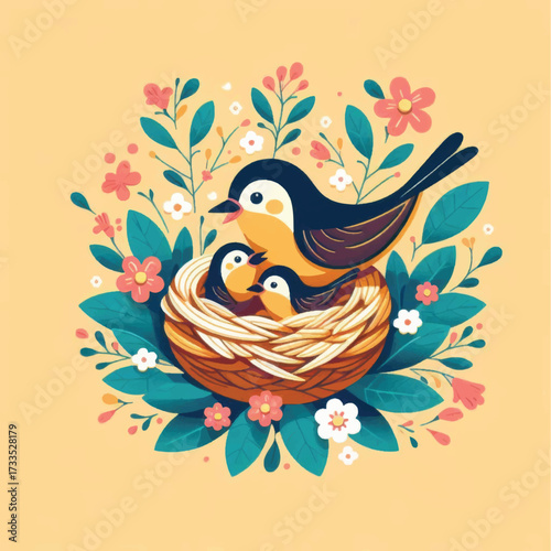 A mother bird and her chicks in a nest surrounded by flowers.