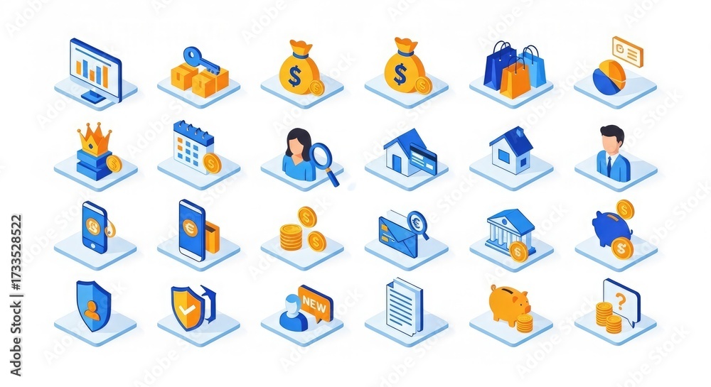 Fototapeta premium Isometric finance banking business investment money management vector icon set illustration design