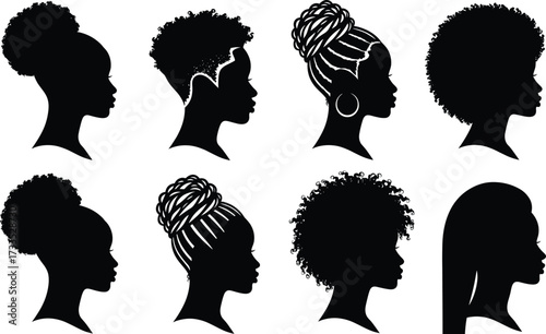 Hair silhouette profiles, afro and braid styles, curly and straight hair, textured heads, fashion vector, beauty design, cultural expression, illustration