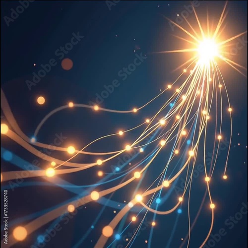 Bright light beams and glowing orbs create abstract design, showcasing vibrant colors and dynamic movement, evoking energy and wonder through flowing illumination