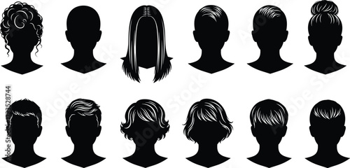 Hairstyle silhouette icons, black vector heads, diverse hair designs, fashion clipart set, editable graphic, beauty illustration, character style reference