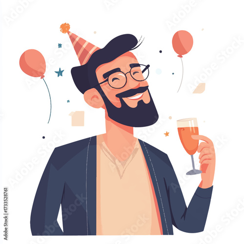 Joyful man celebrating with a drink and balloons at a party.