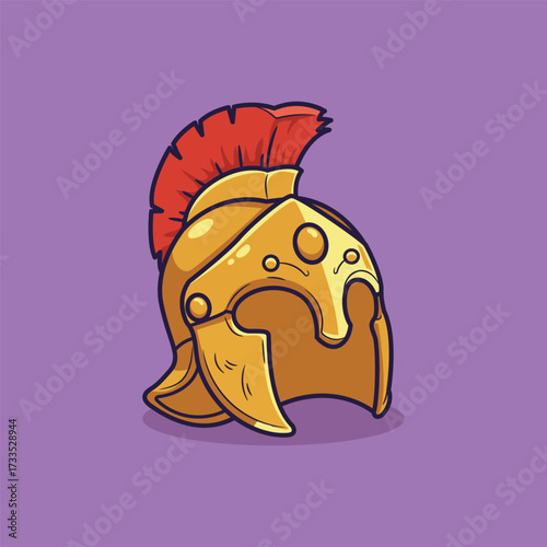 Cute Cartoon Golden Warrior Helmet with Red Plume. Vector Illustration of Historical Armor Icon