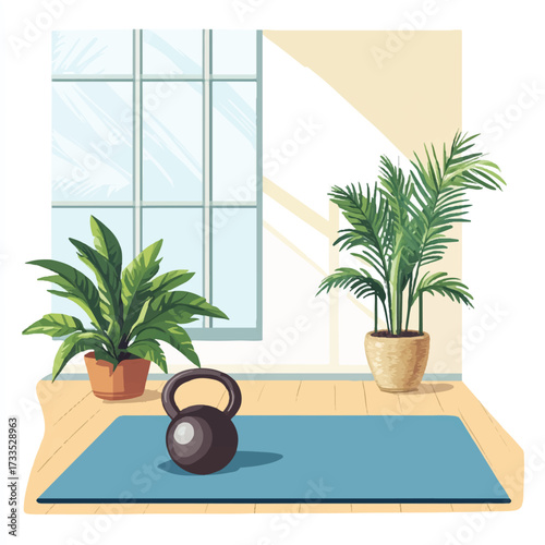  Kettlebell on yoga mat with plants and window in background.