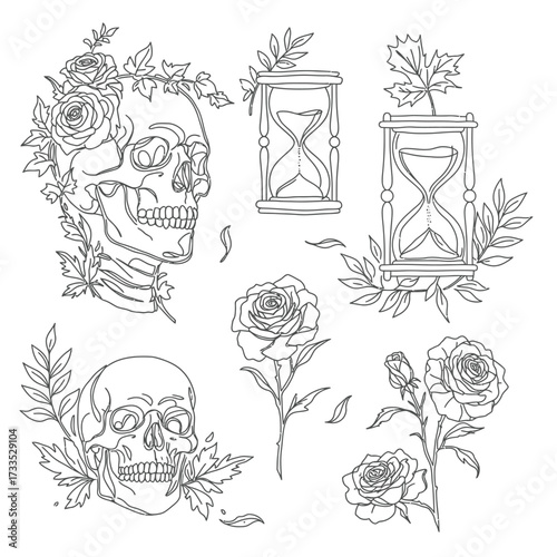 A collection of intricate line art illustrations featuring human skulls, delicate roses, and symbolic hourglasses, evoking themes of mortality and time.