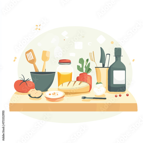 Kitchen Still Life with Cooking Utensils and Food Ingredients on Wooden Board.