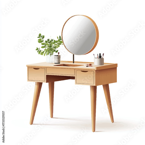 Light wooden vanity set with round mirror.