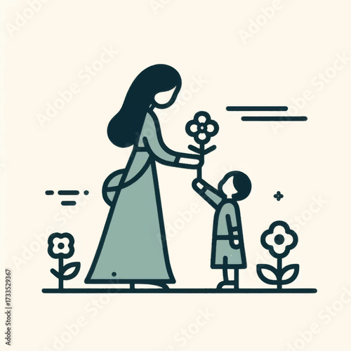 Mother and Child Giving Flowers.