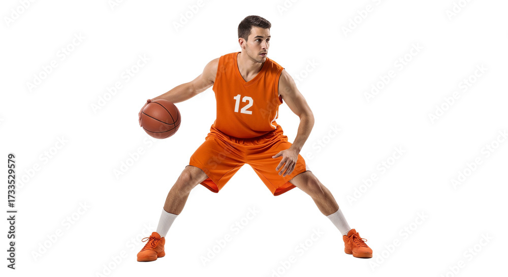Fototapeta premium Basketball player in orange uniform dribbling on court with focus during a game