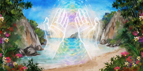 Glowing hands emitting Reiki healing energy by the ocean in watercolor style  
