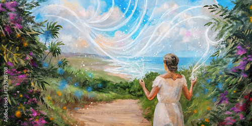 Woman practicing Reiki healing energy while standing by the sea in watercolor style  