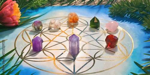 Geometric arrangement of healing crystal grids with colorful crystals  