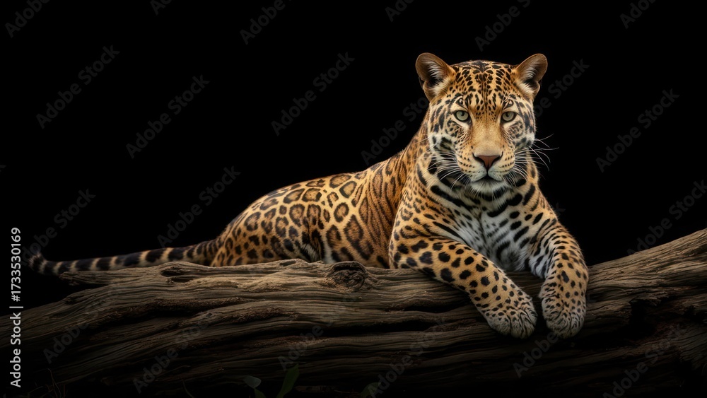 Obraz premium Majestic Jaguar Resting on a Log at Night.