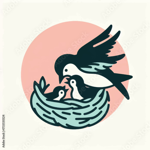 Parent bird feeding hungry baby chicks in a cozy nest illustration.