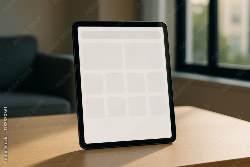 Fototapeta premium Blank tablet screen mockup on wooden table in modern room with natural daylight and soft shadows from window for app or website presentation.