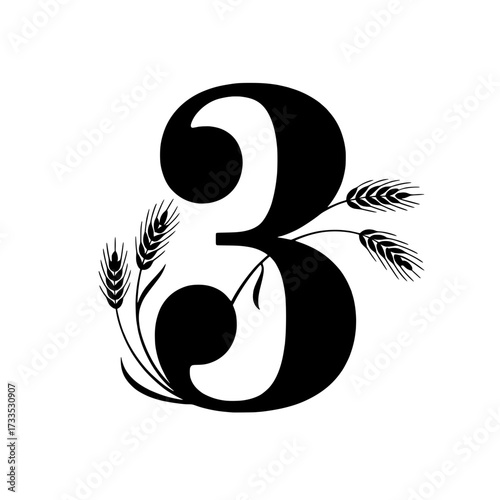 Number three design with wheat illustration, Bold decorative number three combined with wheat stalks and leaves, symbolizing agriculture, harvest, natural growth, and rustic style.

