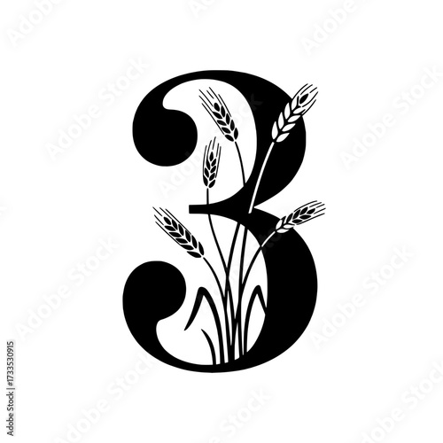 Number three design with wheat illustration, Bold decorative number three combined with wheat stalks and leaves, symbolizing agriculture, harvest, natural growth, and rustic style.

