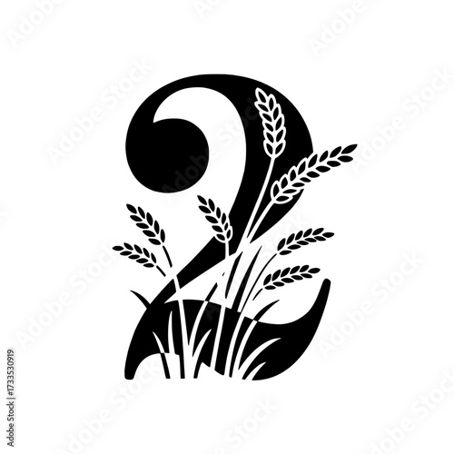 Number two design with wheat stalks illustration, Black decorative number two symbol integrated with wheat stalks and leaves, representing farming, harvest, growth, and natural themes.

