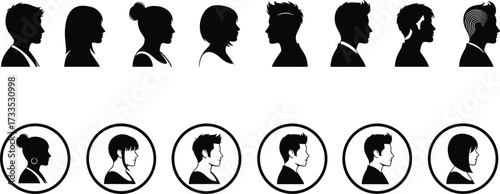 Human profile silhouettes, black vector heads, avatar icon set, hairstyle graphics, editable clipart, minimal design elements, character style reference