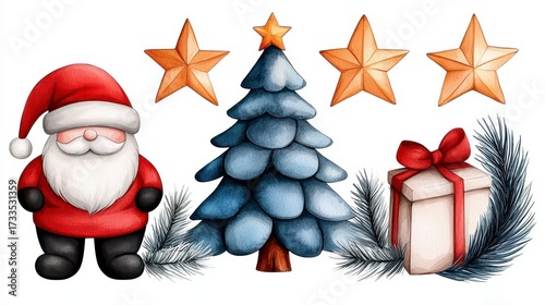 Christmas elements on white background Santa Claus Christmas tree and stars. watercolor illustration. Festive xmas decor on plain backdrop father christmas fir celestial shape. hand
