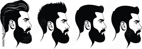 Male hairstyle silhouettes, beard profile heads, slicked and spiked hair, fashion grooming vector, black illustration, modern style, textured design, icon