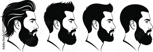 Male grooming silhouettes, hairstyle and beard styles, profile head vector, fashion design, black illustration, facial hair, modern look, texture