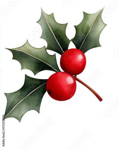 Christmas Holly Watercolor background. Festive season botanical art backdrop hand painted ilex aquifolium foliage image perfect for yuletide greeting card design invitation template