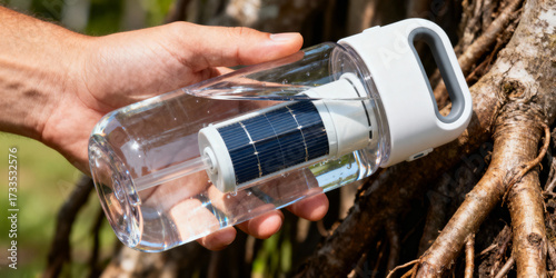 Portable solar powered water purifier bottle held outdoors near tree roots, innovative clean drinking solution for hikers and travelers