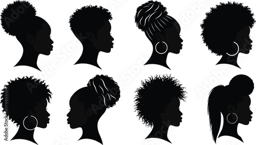Natural hair silhouettes, afro and bun styles, curly and braided hair, textured profile heads, fashion vector, beauty design, cultural expression
