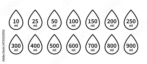 Water capacity icons set. Liquid volume symbol from 10 to 900 liters. Water drop line icon. Fluid volume. ML sign. Scale for liquid or ingredient. Vector illustration isolated on white background.