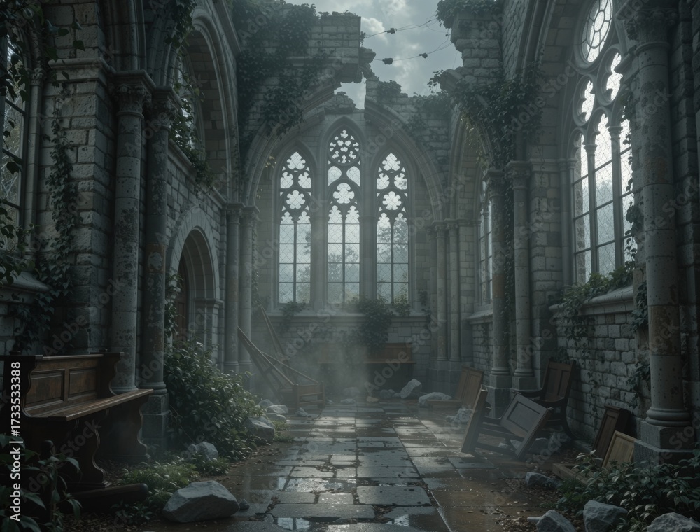 Fototapeta premium Gothic cathedral ruins creating eerie halloween atmosphere