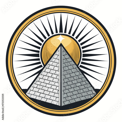 Pyramid, sun, and spokes in circular emblem. in detailed view.