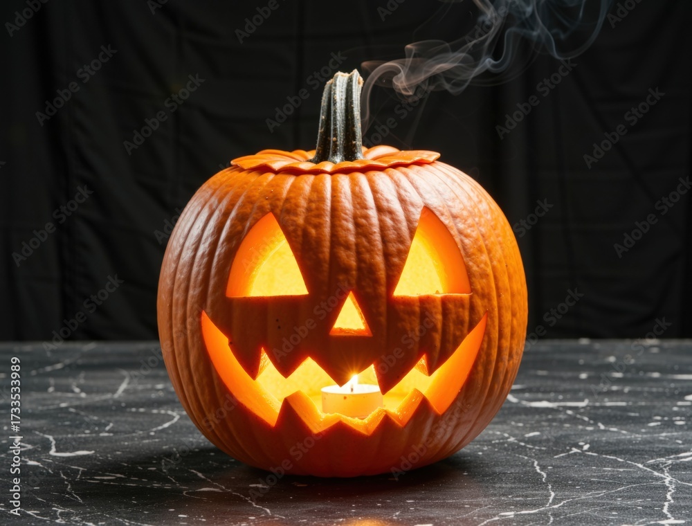 Fototapeta premium Jack-o'-lantern pumpkin glowing with spooky smoke
