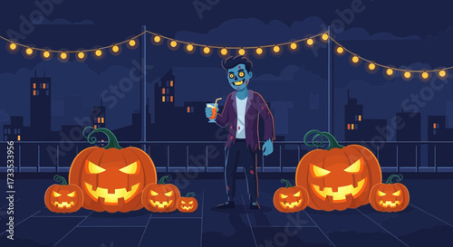 Spooky rooftop gathering: A cartoon zombie enjoys Halloween night with pumpkins
