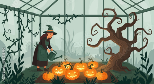 Witch nurturing glowing jack-o'-lanterns in a vine-covered greenhouse setting