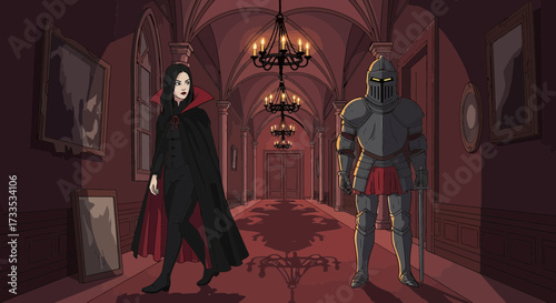 Gothic encounter: vampire and knight stand guard in a shadowy hallway