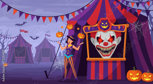 Spooky Halloween Circus Performance with Eerie Clown and Pumpkin Juggling Act
