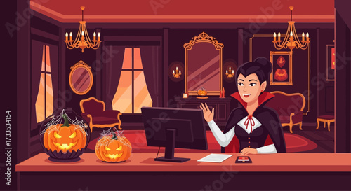 Modern Vampire Video Conferencing from her spooky office during halloween