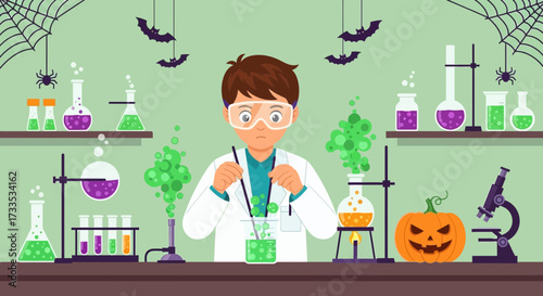 Halloween-themed scientific experiment with bubbling potions and spooky decorations