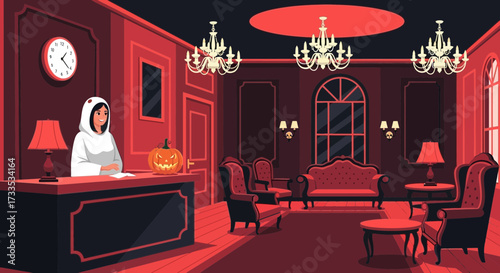 Ghostly receptionist in a gothic hotel lobby decorated for Halloween evening