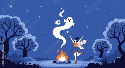 Enchanting Halloween Night Celebration: A Fairy's Delightful Encounter with Ghosts