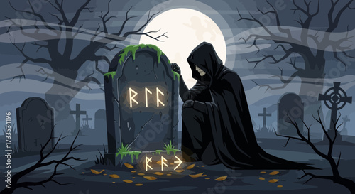 Grim Reaper Mourning at Gravestone with Glowing Runes in Spooky Cemetery