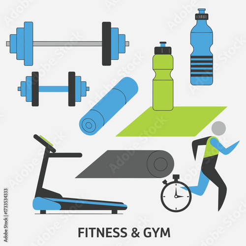 Fitness and Gym Vector illustration showcasing equipment, workout routines, and healthy lifestyle