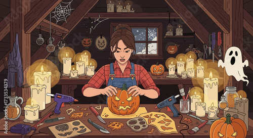 Enchanting halloween night: a woman carves a jack-o-lantern in a cozy attic