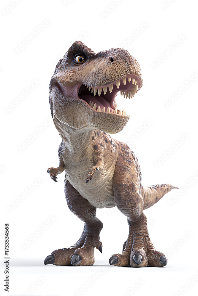 Fototapeta premium Cartoon dinosaur character with a joyful expression, posing playfully against a white background