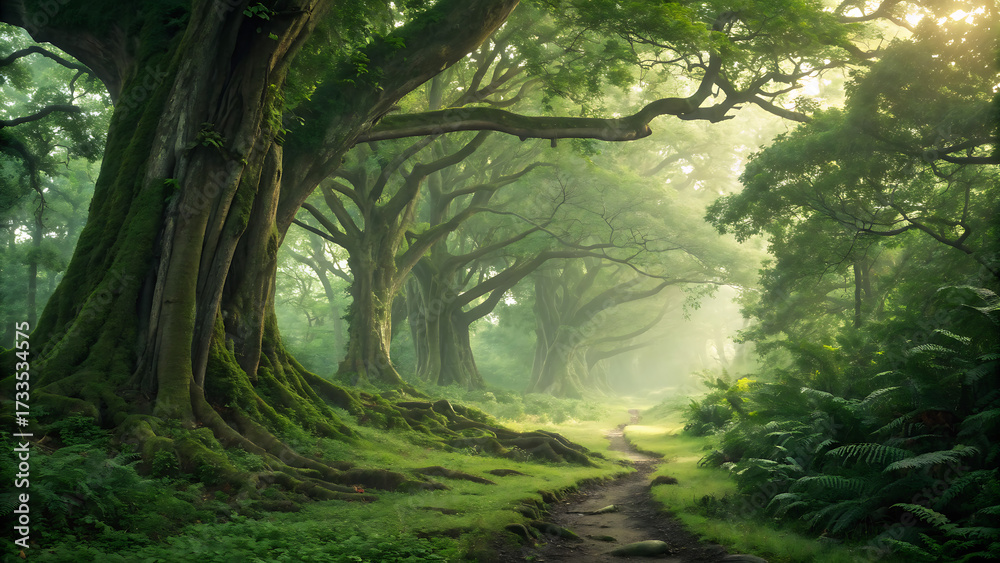 Naklejka premium The image is dominated by a variety of green hues, showcasing a rich tapestry of foliage.